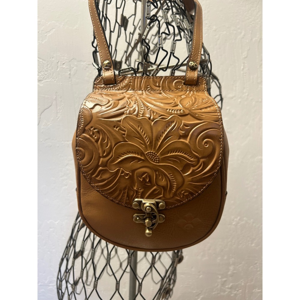 Patricia Nash Tan Tooled Leather Floral Crossbody Saddle Bag Brass Hardware